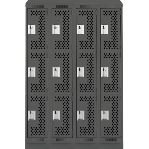 Clean Line Lockers, 3 -tier, Bank of 4, 48" x 15" x 82", Steel, Charcoal, Rivet (Assembled), Perforated PB Rental Co. Ltd.