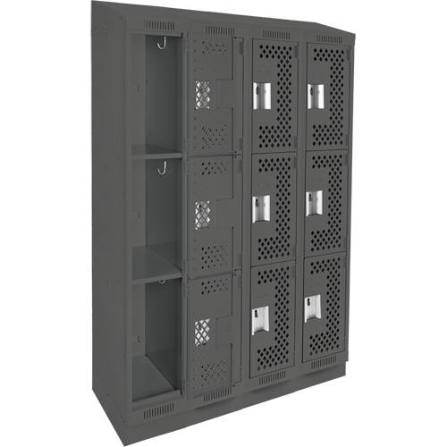 Clean Line Lockers, 3 -tier, Bank of 4, 48" x 15" x 82", Steel, Charcoal, Rivet (Assembled), Perforated PB Rental Co. Ltd.