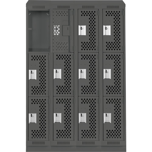 Clean Line Lockers, 3 -tier, Bank of 4, 48" x 15" x 82", Steel, Charcoal, Rivet (Assembled), Perforated PB Rental Co. Ltd.