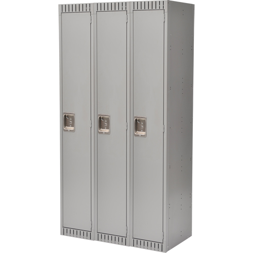 Lockers, Bank of 3, 36" x 18" x 72", Steel, Grey, Rivet (Assembled) PB Rental Co. Ltd.