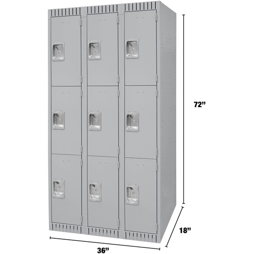 Lockers, 3 -tier, Bank of 3, 36" x 18" x 72", Steel, Grey, Knocked Down PB Rental Co. Ltd.