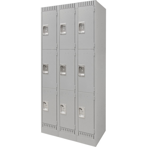 Lockers, 3 -tier, Bank of 3, 36" x 18" x 76", Steel, Grey, Knocked Down PB Rental Co. Ltd.