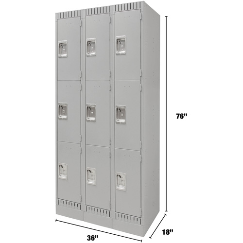 Lockers, 3 -tier, Bank of 3, 36" x 18" x 76", Steel, Grey, Knocked Down PB Rental Co. Ltd.