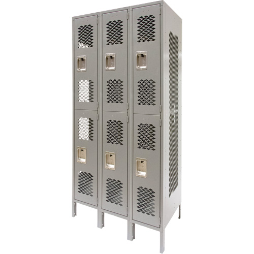Vented Lockers, 2 -tier, Bank of 3, 36" x 18" x 78", Steel, Grey, Knocked Down, Perforated PB Rental Co. Ltd.