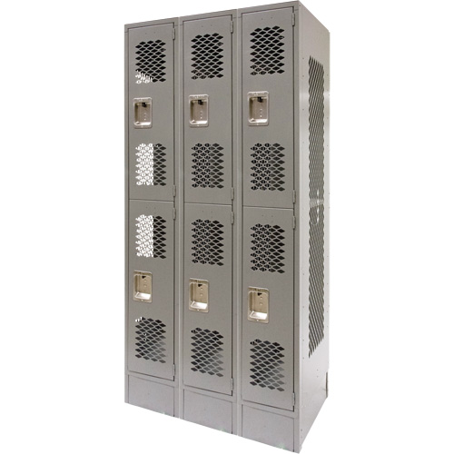 Vented Lockers, 2 -tier, Bank of 3, 36 x 18" x 78", Steel, Grey, Knocked Down, Perforated PB Rental Co. Ltd.