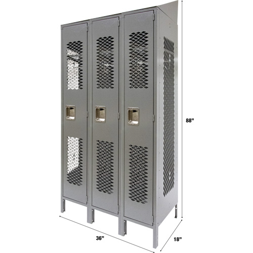 Vented Lockers, Bank of 3, 36 x 18" x 88", Steel, Grey, Knocked Down, Perforated PB Rental Co. Ltd.