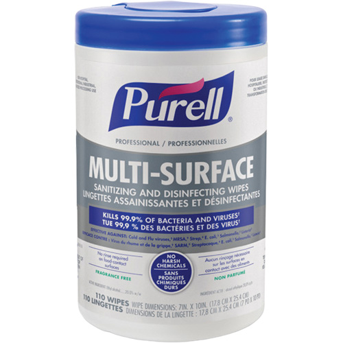 Lingettes d&eacute;sinfectantes et assainissantes professionnelles pour toute surface, 7" x 10", 110 lingettes PB Rental Co. Ltd.