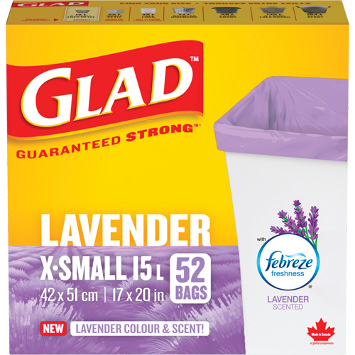 Sacs parfum&eacute;s et de couleur lavande de Glad, Fort, 17" la x 20" lo, Mauve, Capacit&eacute; 15 L (3,96 gal) PB Rental Co. Ltd.