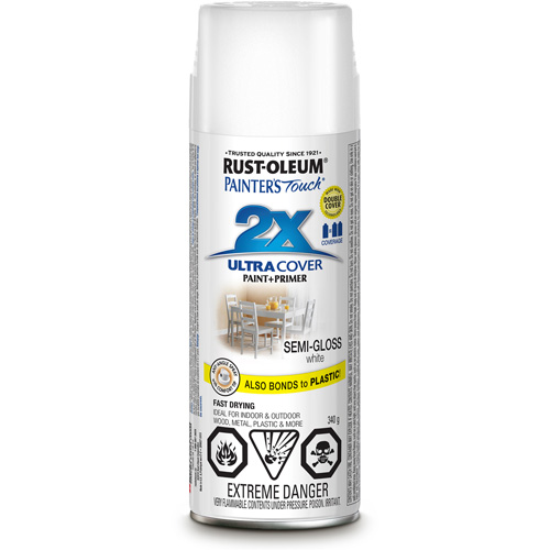 Peinture &agrave; pouvoir couvrant &eacute;lev&eacute; Painter's Touch, Blanc, Semi-brillant, Canette a&eacute;rosol PB Rental Co. Ltd.