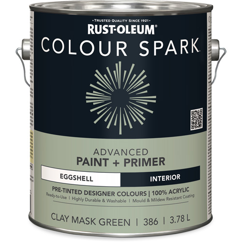 Peinture int&eacute;rieure pr&eacute;teint&eacute;e + appr&ecirc;t mural Colour Spark, Vert masque en argile, Satin&eacute;, 3,78 L, Gallon PB Rental Co. Ltd.