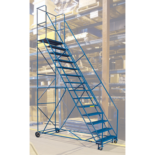 Escabeau roulant certifi&eacute; par la CSA avec pied verrouillable, 14 marches, Largeur de la marche 30", Hauteur de la plateforme 128", Acier PB Rental Co. Ltd.