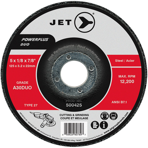 Meule/disque de coupe POWERPLUS DUO, 5" x 1/8", Arbre de 7/8", Type 27, Grain de A30DUO PB Rental Co. Ltd.