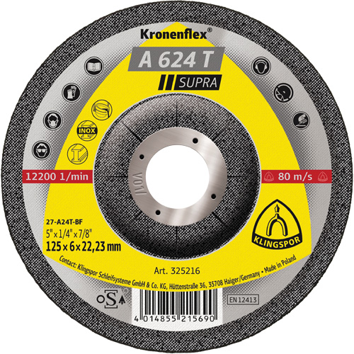 Disque de meulage A 624 T Supra Kronenflex, 5" x 1/4", Arbre 7/8" PB Rental Co. Ltd.