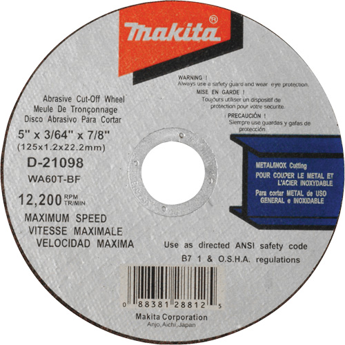 Thin Kerf Cut-Off Wheel, 5" x 3/64", 7/8" Arbor, Type 1, Aluminum Oxide, 12200 RPM PB Rental Co. Ltd.