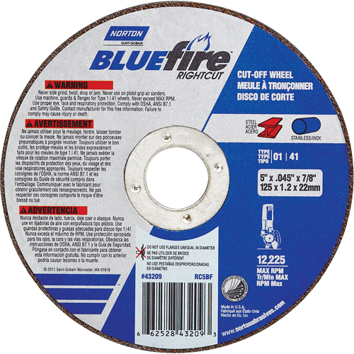 Meule a tronconner BlueFire, 4-1/2" x 0,045"/1/16", Arbre de 7/8", Type 01/41, Oxyde d'aluminium/Zirconium, 13580 Tr/min PB Rental Co. Ltd.
