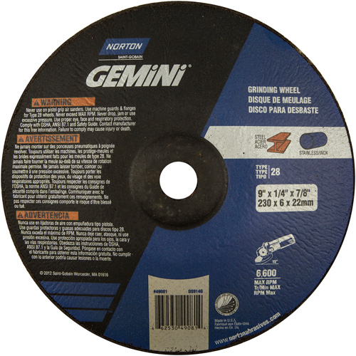 Gemini&reg; Saucer Wheel, 9" x 1/4", 7/8" Arbor, Aluminum Oxide, Type 28 PB Rental Co. Ltd.