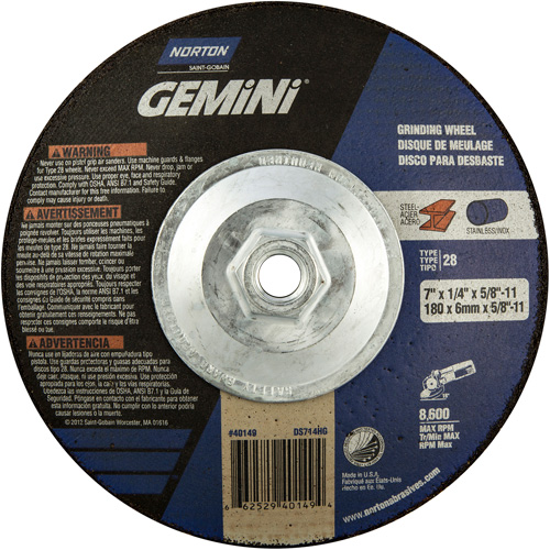 Gemini&reg; Saucer Wheel, 7" x 1/4", 5/8"-11 Arbor, Aluminum Oxide, Type 28 PB Rental Co. Ltd.
