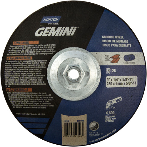 Meule soucoupes Gemini, 9" x 1/4", Arbre 5/8"-11, Oxyde d'aluminium, Type 28 PB Rental Co. Ltd.