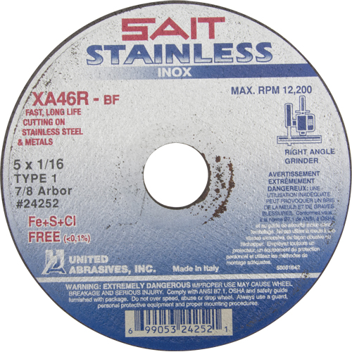 Cut-Off Wheel Contaminant-Free ZA46R, 15" x 1/16", 7/8" Arbor, Type 1, Aluminum Oxide, 12200 RPM PB Rental Co. Ltd.