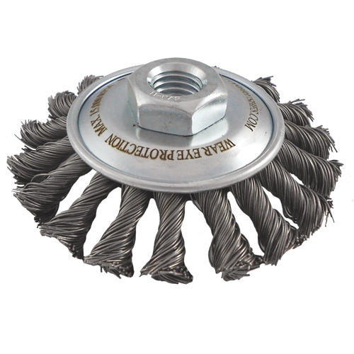 Brosses soucoupes &agrave; fils nou&eacute;s, Dia. 5", Fils 0,02", Arbre 5/8"-11, Acier PB Rental Co. Ltd.