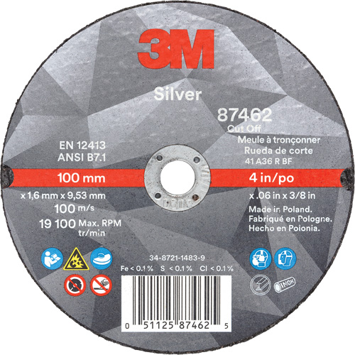 Silver Cut-Off Wheel, 4" x 0.06", 3/8" Arbor, Type 1, Ceramic, 19100 RPM PB Rental Co. Ltd.