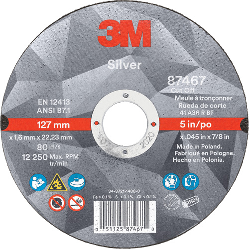 Meule &agrave; tronçonner Silver, 5" x 0,045", Arbre de 7/8", Type 1, C&eacute;ramique, 12250 Tr/min PB Rental Co. Ltd.