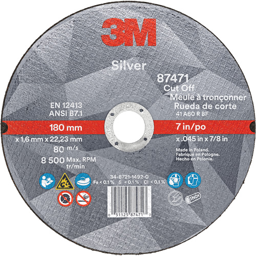 Silver Cut-Off Wheel, 7" x 0.045", 7/8" Arbor, Type 1, Ceramic, 8500 RPM PB Rental Co. Ltd.
