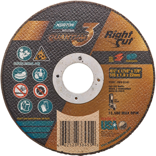 Quantum3 RightCut Cut-Off Wheel, 4-1/2" x 1/16", 7/8" Arbor, Type 01/41, Ceramic Alumina, 13580 RPM PB Rental Co. Ltd.