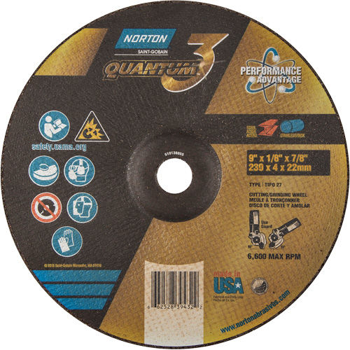 Disque de rectification et de tronçonnage Quantum3, 9" x 1/8", Arbre de 7/8", Type 27, Grain de 24, C&eacute;ramique d'alumine PB Rental Co. Ltd.