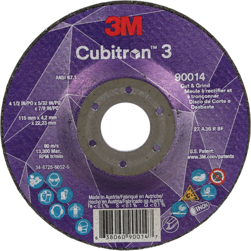 Meule &agrave; couper & tronçonner Cubitron 3, 4-1/2" x 5/32", Arbre de 7/8", Type T27, Grain de 36+, C&eacute;ramique PB Rental Co. Ltd.