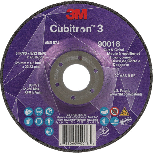 Meule &agrave; couper & tronçonner Cubitron 3, 5" x 5/32", Arbre de 7/8", Type T27, Grain de 36+, C&eacute;ramique PB Rental Co. Ltd.
