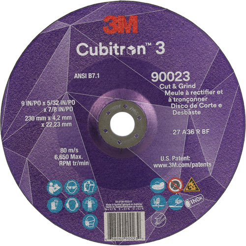 Meule &agrave; couper & tronçonner Cubitron 3, 9" x 5/32", Arbre de 7/8", Type T27, Grain de 36+, C&eacute;ramique PB Rental Co. Ltd.