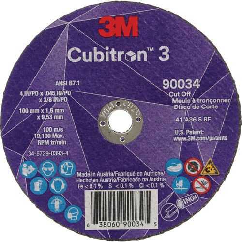 Meule &agrave; tronçonner Cubitron 3, 4" x 0,045", Arbre de 3/8", Type T1, C&eacute;ramique, 21000 Tr/min PB Rental Co. Ltd.