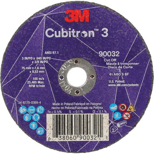 Meule &agrave; tronçonner Cubitron 3, 3" x 0,045", Arbre de 3/8", Type T1, C&eacute;ramique, 21000 Tr/min PB Rental Co. Ltd.