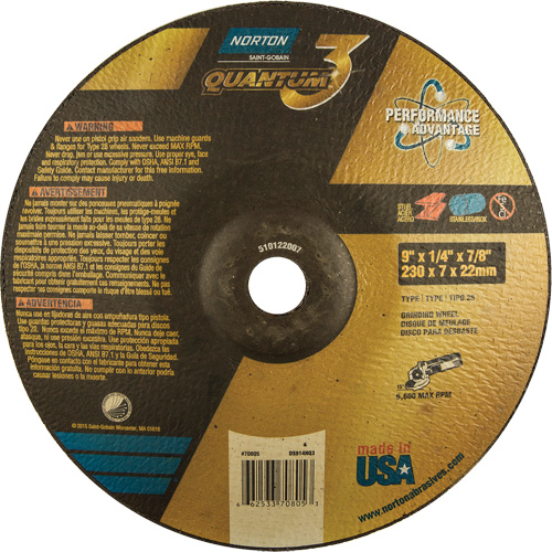 Quantum 3 SG Depressed Center Grinding Wheel, 9" x 1/4", 7/8" Arbor, Type 28, Ceramic, 6600 RPM PB Rental Co. Ltd.