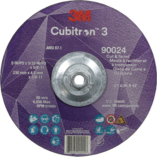 Meule &agrave; rectifier et &agrave; tronçonner Cubitron 3, 9" x 5/32", Arbre de 5/8"-11, Type 27, Grain de 36, C&eacute;ramique PB Rental Co. Ltd.