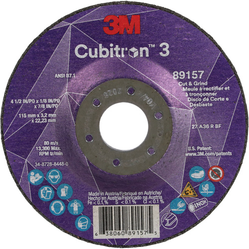 Meule &agrave; rectifier et &agrave; tronçonner Cubitron 3, 4-1/2" x 1/8", Arbre de 7/8", Type 27, Grain de 36, C&eacute;ramique PB Rental Co. Ltd.