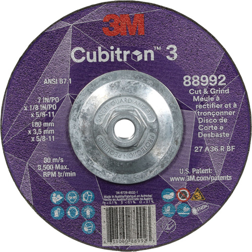 Meule &agrave; rectifier et &agrave; tronçonner Cubitron 3, 7" x 1/8", Arbre de 5/8"-11, Type 27, Grain de 36, C&eacute;ramique PB Rental Co. Ltd.