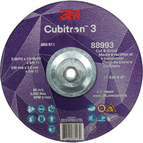 Meule &agrave; rectifier et &agrave; tronçonner Cubitron 3, 9" x 1/8", Arbre de 5/8"-11, Type 27, Grain de 36, C&eacute;ramique PB Rental Co. Ltd.