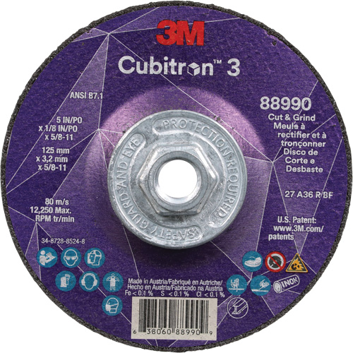 Meule &agrave; rectifier et &agrave; tronçonner Cubitron 3, 5" x 1/8", Arbre de 5/8"-11, Type 27, Grain de 36, C&eacute;ramique PB Rental Co. Ltd.