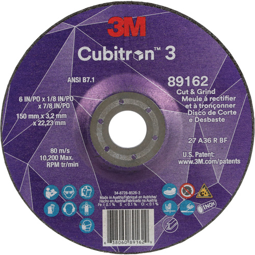 Meule &agrave; rectifier et &agrave; tronçonner Cubitron 3, 6" x 1/8", Arbre de 7/8", Type 27, Grain de 36, C&eacute;ramique PB Rental Co. Ltd.