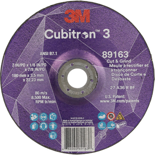 Cubitron 3 Cut and Grind Wheel, 7" x 1/8", 7/8" Arbor, Type 27, 36 Grit, Ceramic PB Rental Co. Ltd.