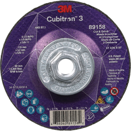 Cubitron 3 Cut and Grind Wheel, 4-1/2" x 1/8", 5/8"-11 Arbor, Type 27, 36 Grit, Ceramic PB Rental Co. Ltd.
