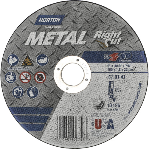 Metal RightCut Right Angle Cut-Off Wheel, 6" x 0.04", 7/8" Arbor, Type 01/41, Aluminum Oxide, 10185 RPM PB Rental Co. Ltd.