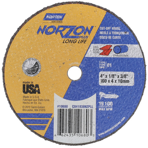 NorZon Plus SGZ CA Small Diameter Cut-Off Wheel, 4" x 1/8", 3/8" Arbor, Type 01/41, Ceramic Alumina, 19100 RPM PB Rental Co. Ltd.