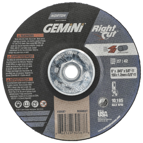 Gemini RightCut Right Angle Cut-Off Wheel, 6" x 0.045", 5/8"-11 Arbor, Type 27/42, Aluminum Oxide, 10185 RPM PB Rental Co. Ltd.