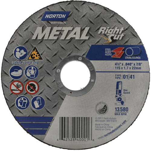 Metal RightCut Right Angle Cut-Off Wheel, 4-1/2" x 0.045", 7/8" Arbor, Type 01/41, Aluminum Oxide, 13580 RPM PB Rental Co. Ltd.