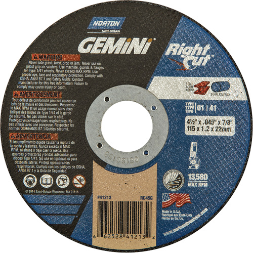 Gemini RightCut Right Angle Cut-Off Wheel, 4-1/2" x 0.045", 7/8" Arbor, Type 01/41, Aluminum Oxide, 13580 RPM PB Rental Co. Ltd.