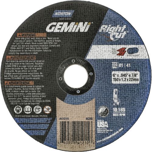Gemini RightCut Right Angle Cut-Off Wheel, 6" x 0.045", 7/8" Arbor, Type 01/41, Aluminum Oxide, 10185 RPM PB Rental Co. Ltd.