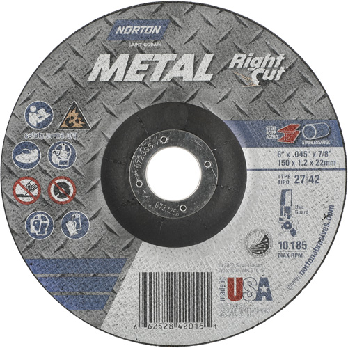 Metal RightCut Right Angle Cut-Off Wheel, 6" x 0.045", 7/8" Arbor, Type 27/42, Aluminum Oxide, 10190 RPM PB Rental Co. Ltd.